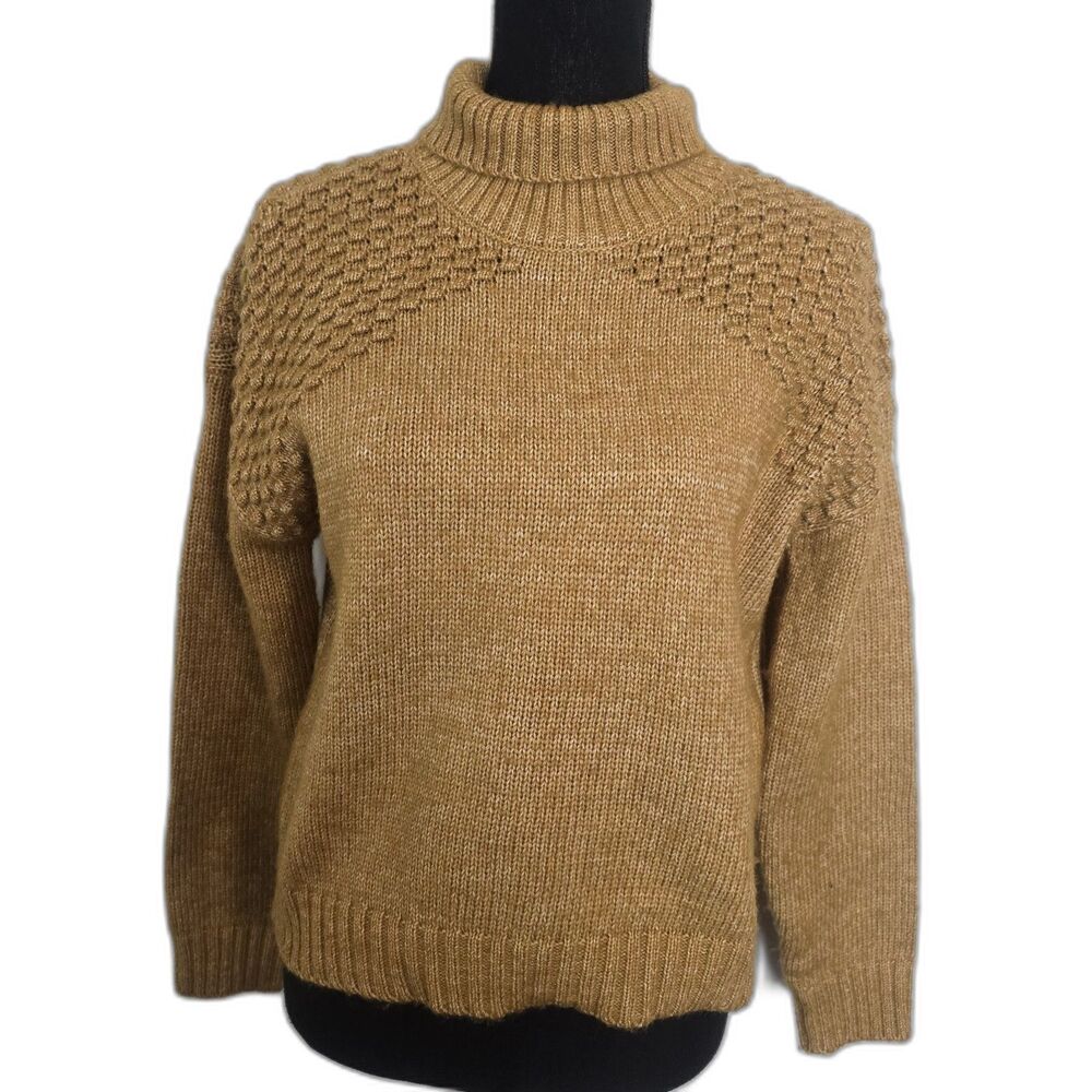 Falls Creek Turtleneck Sweater Women Small Mustard Yellow Textured Wool Blend